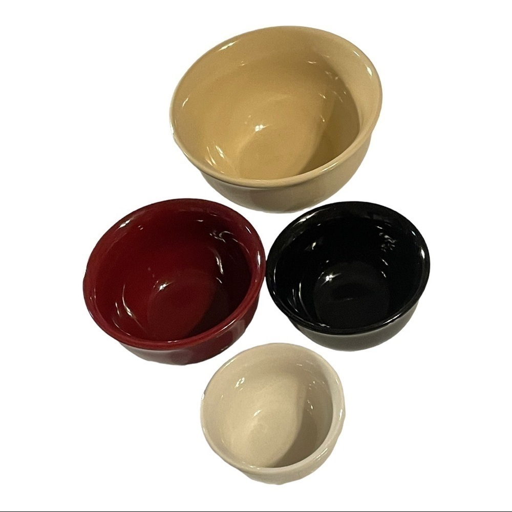Nesting stoneware prep bowls set of 4 graduated sizes white, black, red & cream.